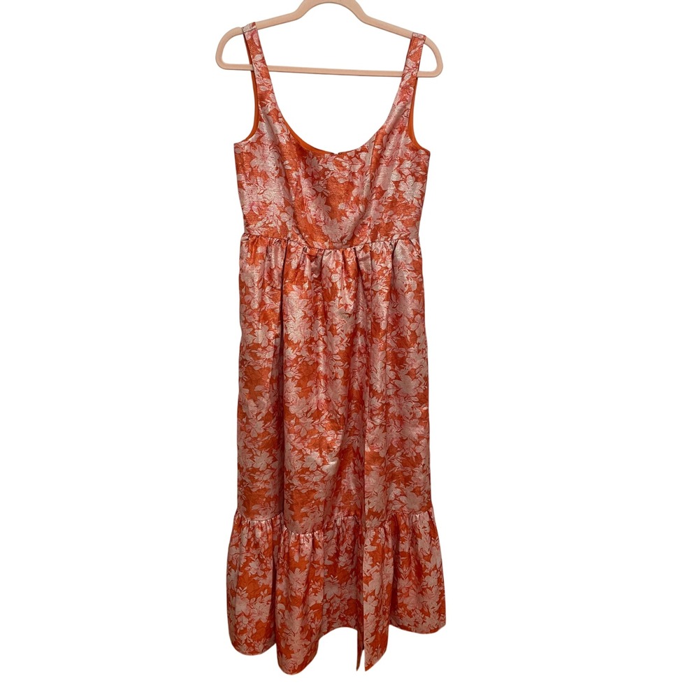Hutch Beanie‎ Dress NWT Size 4 Orange Metallic Floral Jacquard Midi Ruffle Hem